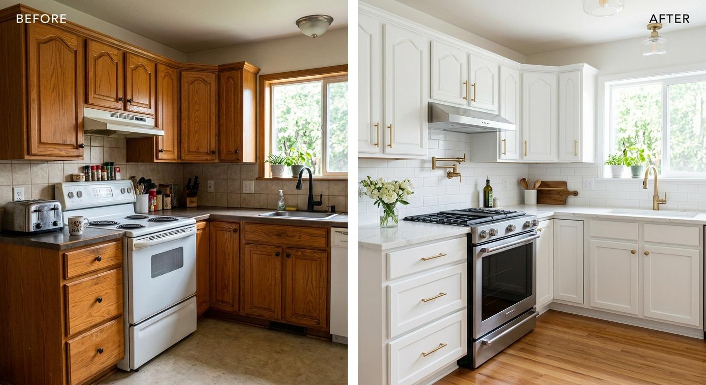 Spray-painted white kitchen cabinets with brass hardware