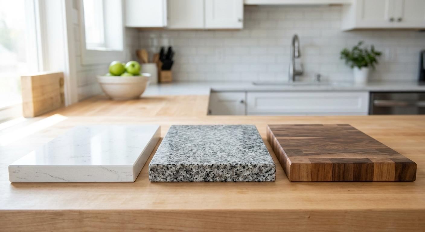 Quartz, granite, and butcher block countertop samples