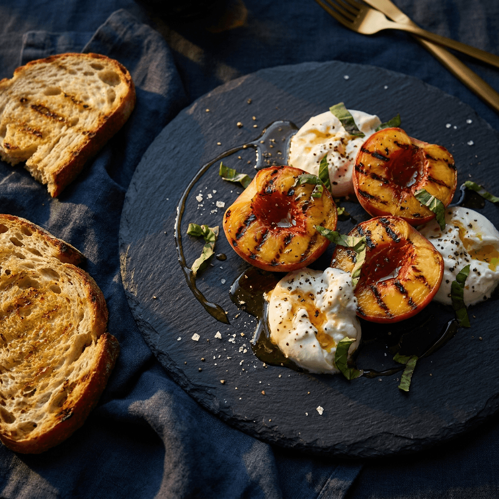 Grilled Georgia Peach & Burrata, Hot Honey