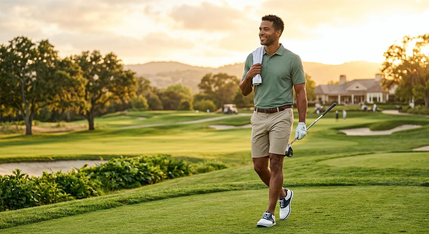 Friday golf and happy hour — performance polo, tailored shorts