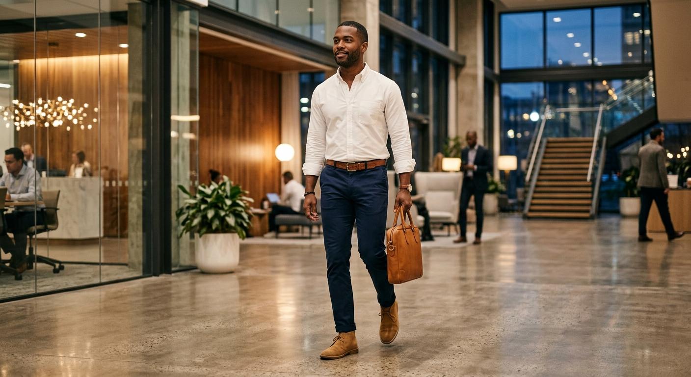 Monday office style — white oxford, navy chinos, desert boots