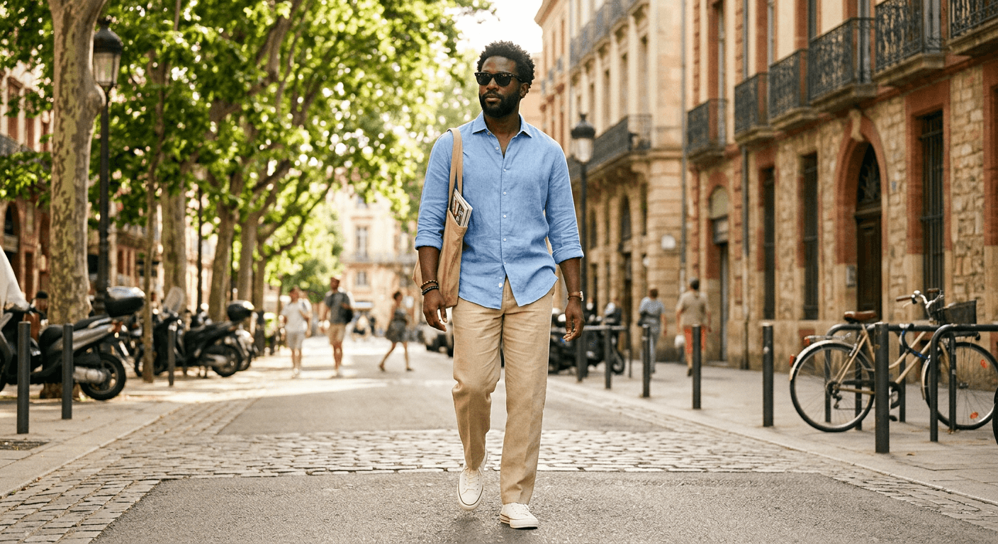 Saturday brunch — linen shirt, light pants, wayfarer sunglasses