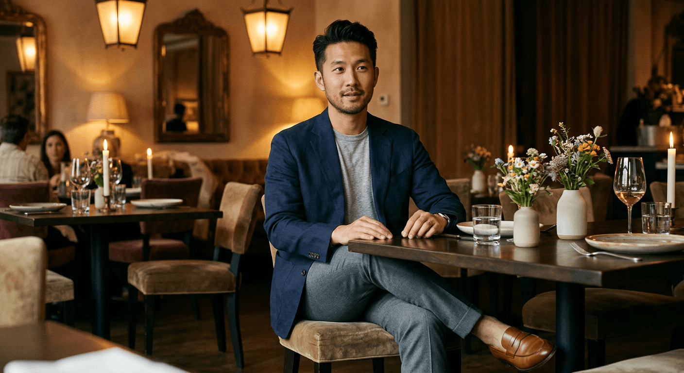 Tuesday client lunch — linen blazer, gray tee, leather loafers