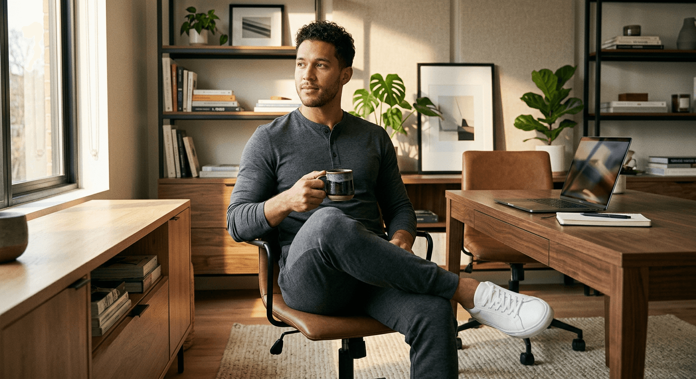 Wednesday work from home — henley, joggers, clean sneakers