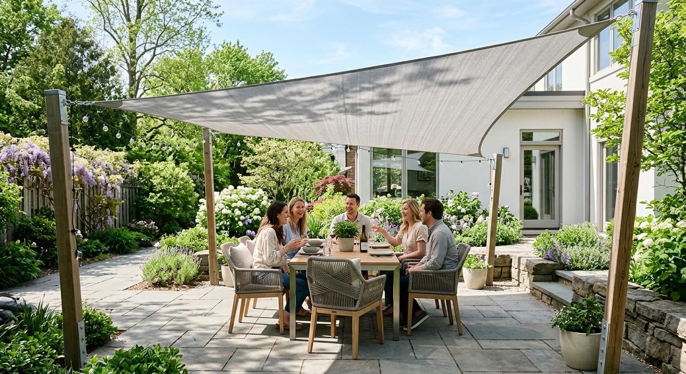 Rectangular shade sail tensioned over a deck with outdoor dining