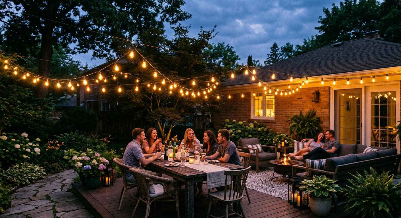 Edison bulb string lights strung over a patio at dusk