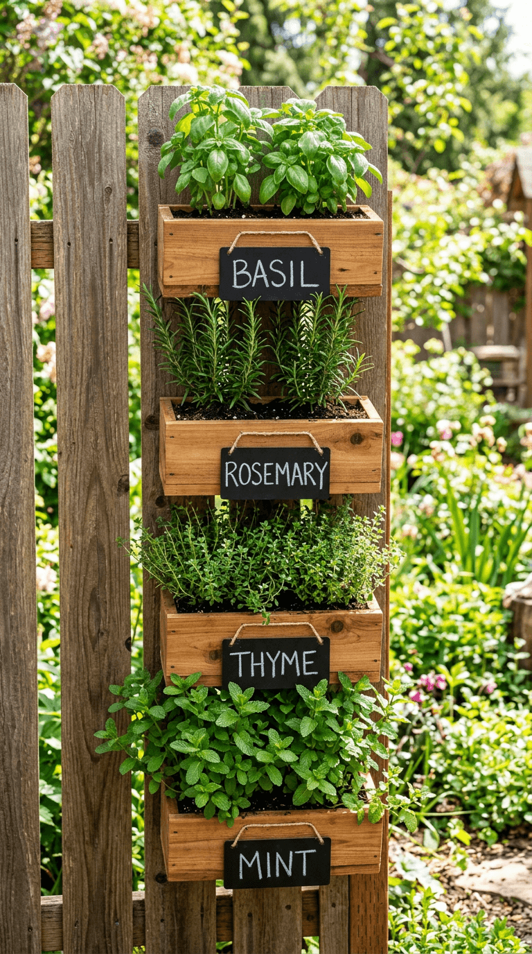 Vertical herb garden on a cedar frame with terracotta pots