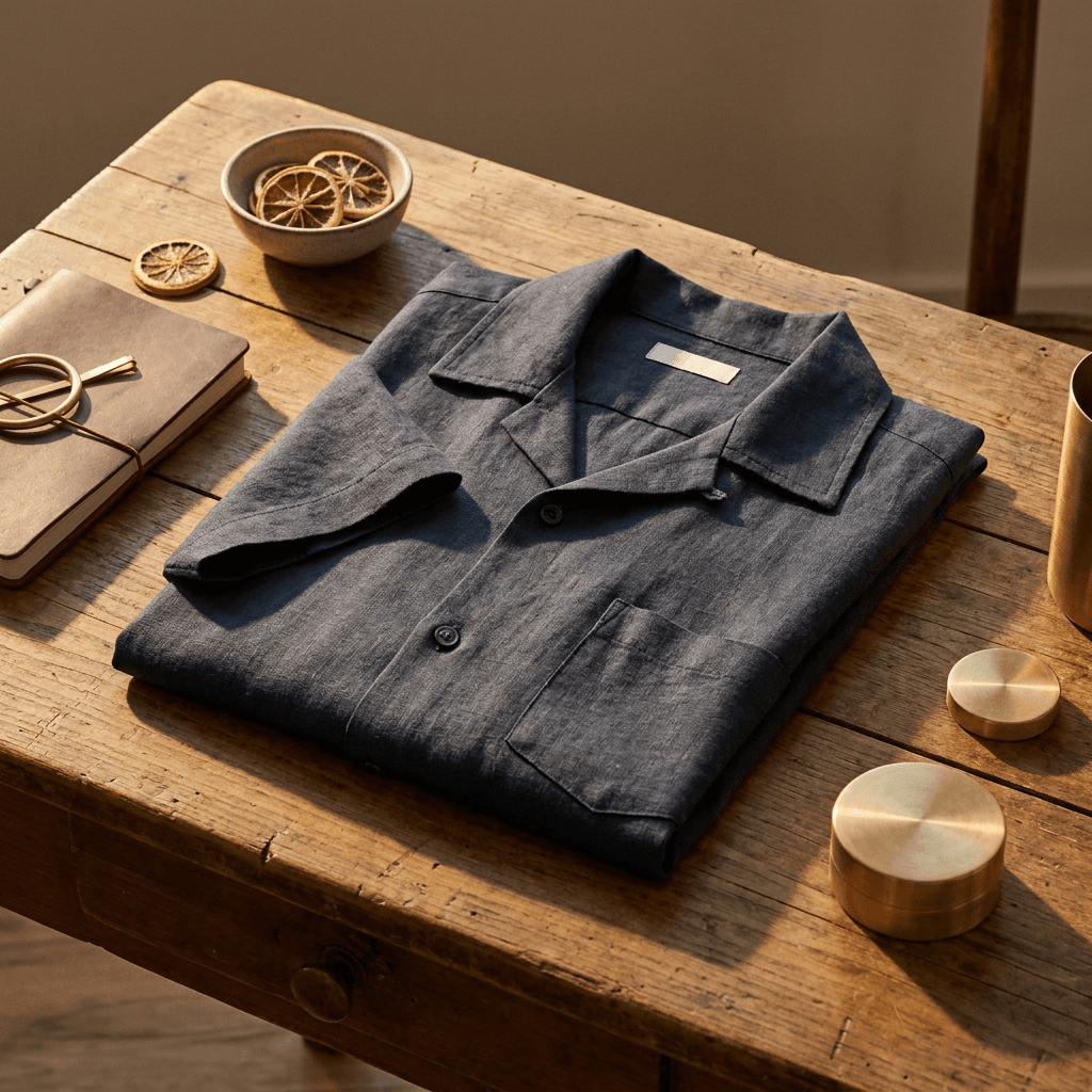 Linen-Cotton Blend Short-Sleeve Camp Collar Shirt