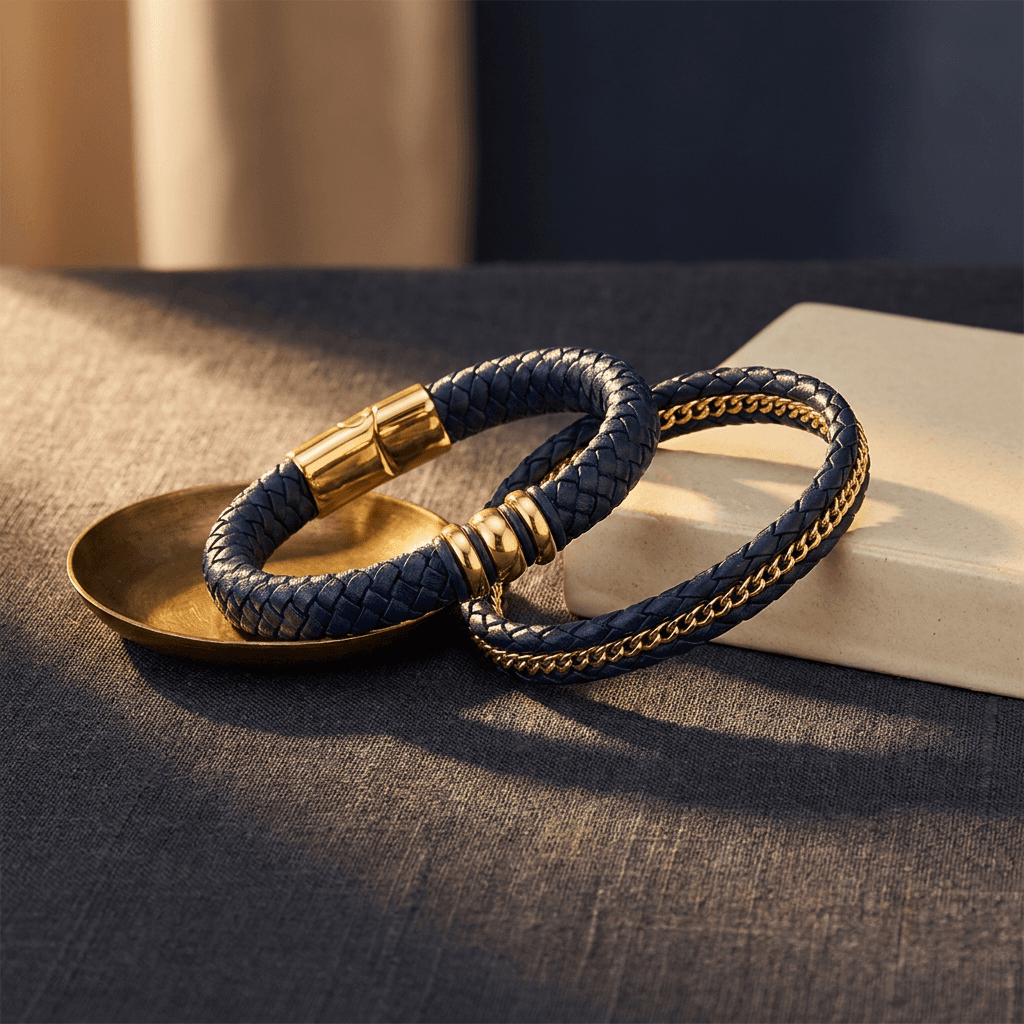 Woven Leather Bracelet Set — Navy and Gold