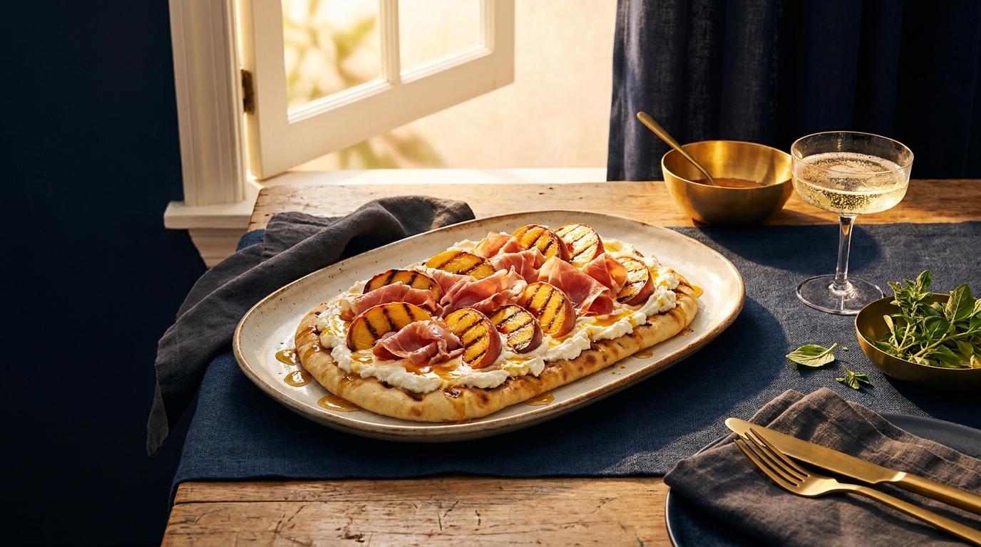 Grilled Peach & Prosciutto Flatbread with Whipped Ricotta and Hot Honey