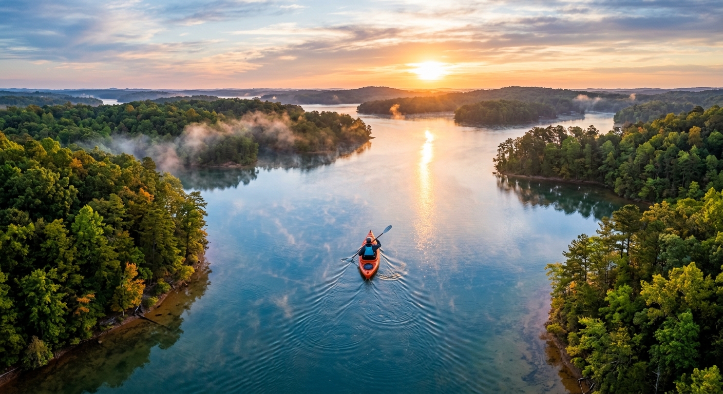 Kayaking on a calm Georgia lake surrounded by pine trees