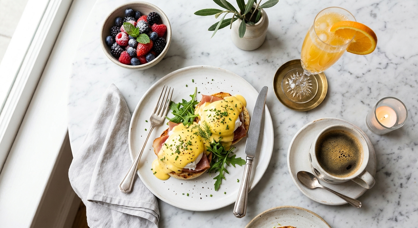 Elegant brunch spread with eggs benedict, fresh fruit, and champagne