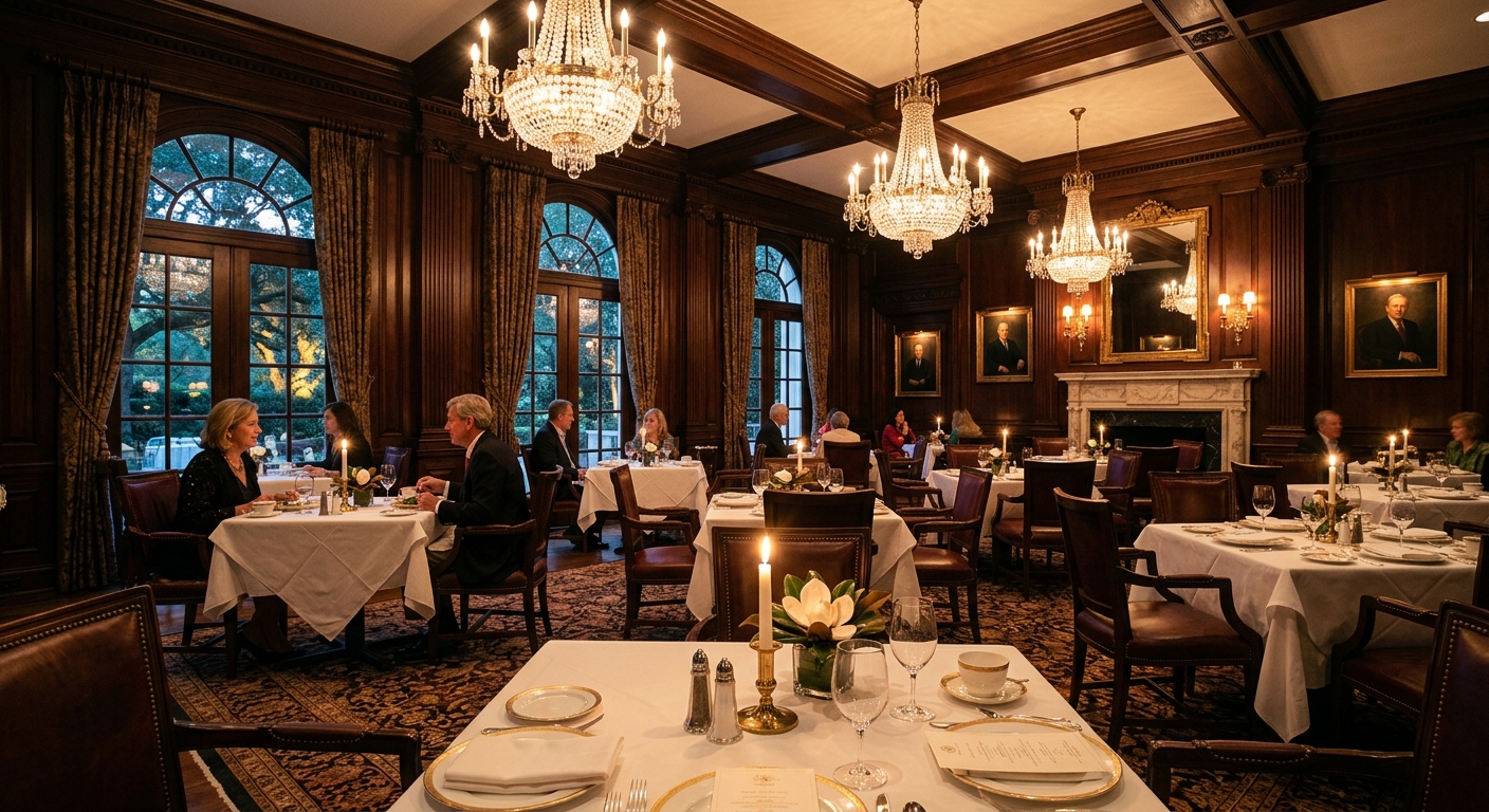 Elegant private club dining room with dark wood and warm lighting