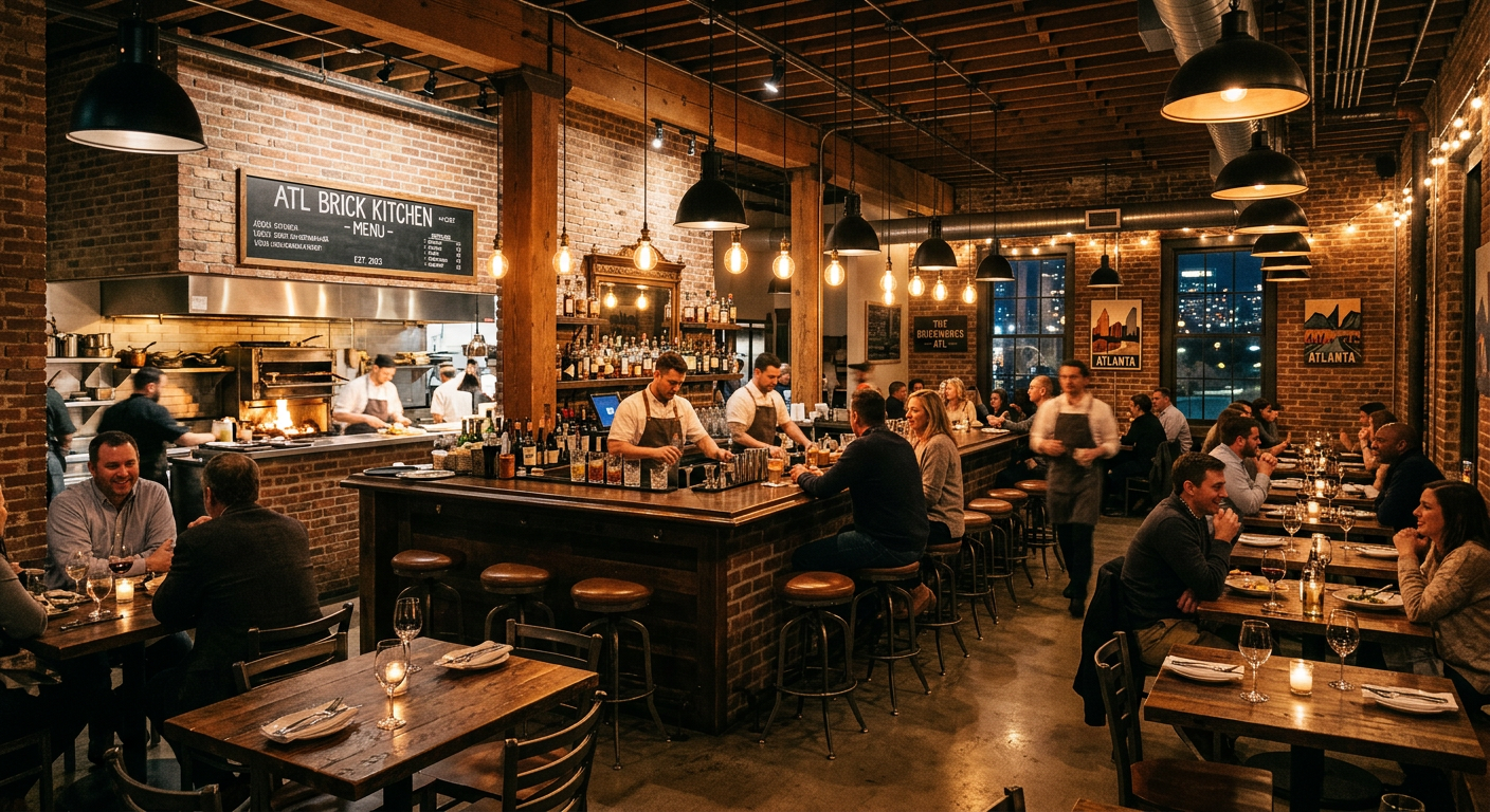New Atlanta restaurant interior with exposed brick and warm lighting