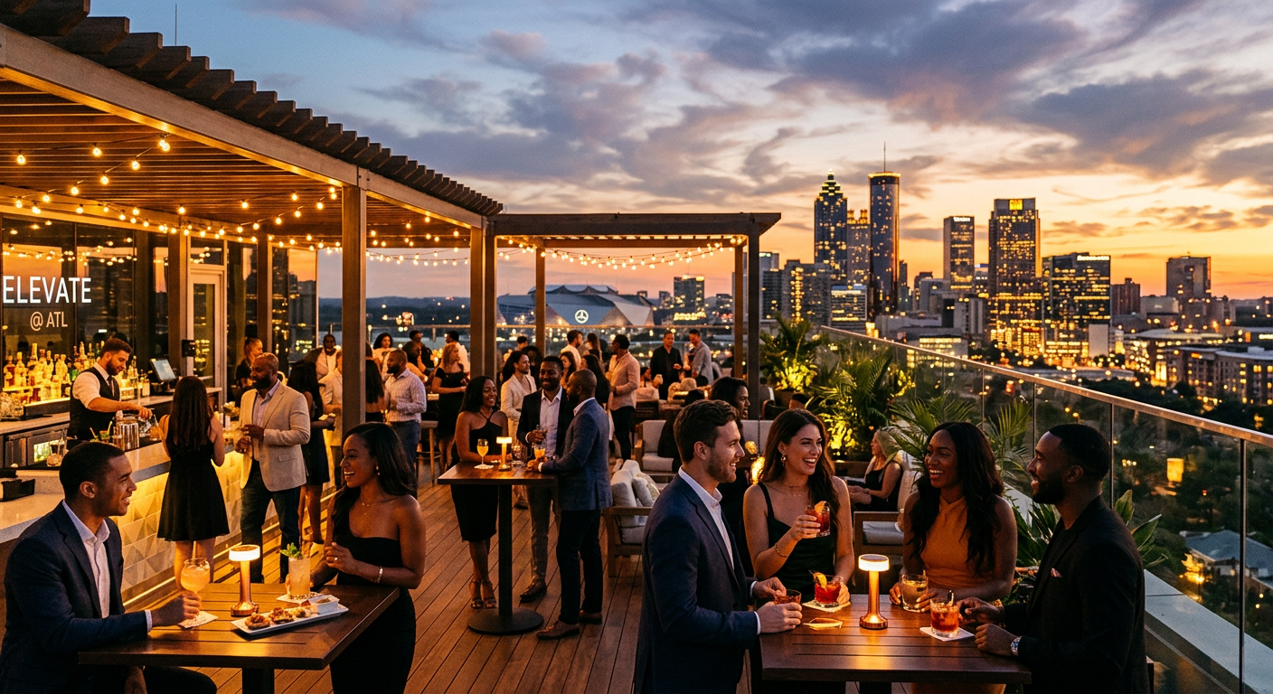 Rooftop bar with Atlanta skyline views at sunset