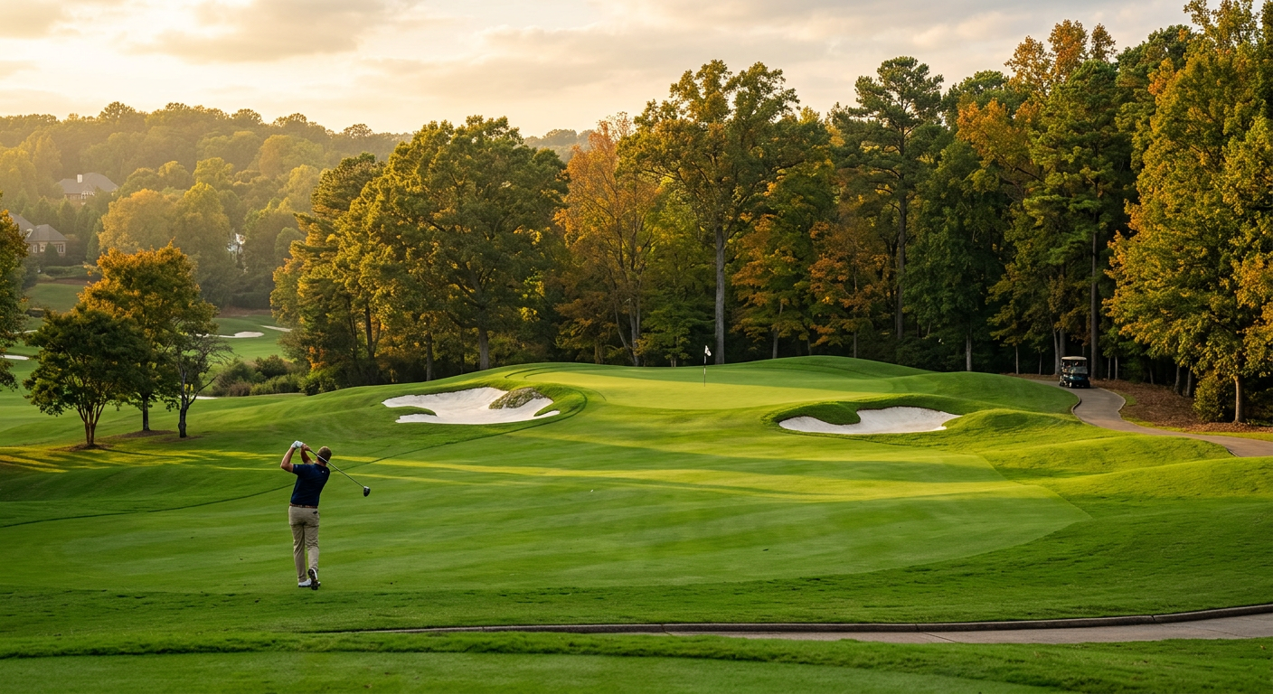 Golf course at sunrise with Atlanta skyline in the distance