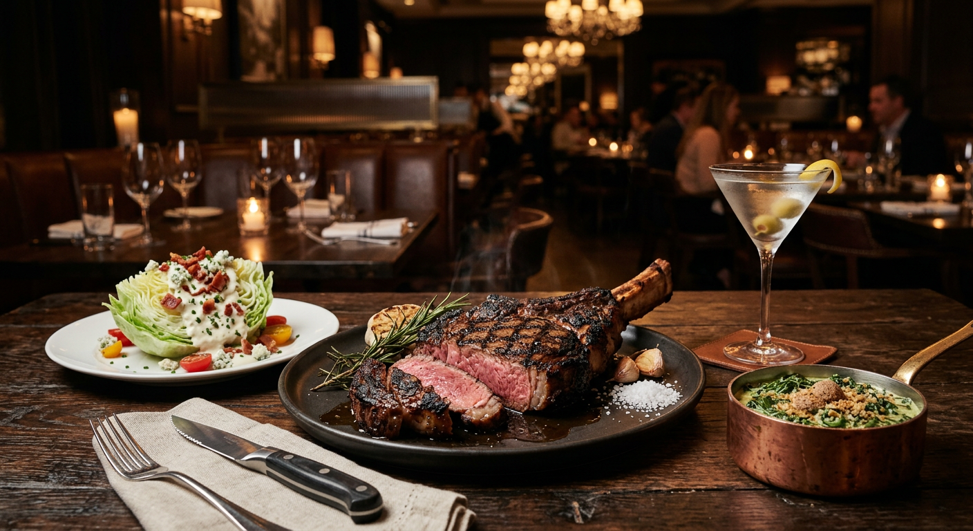 Overhead shot of a perfectly plated bone-in ribeye with sides