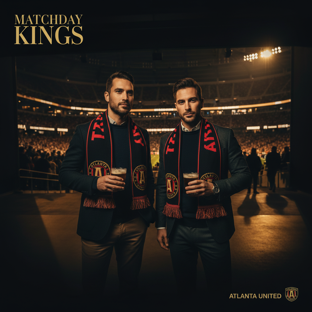 Two friends in Atlanta United scarves, cold drinks in hand, open concourse of MBS before kickoff, warm stadium lighting, stadium crowd blurred in background