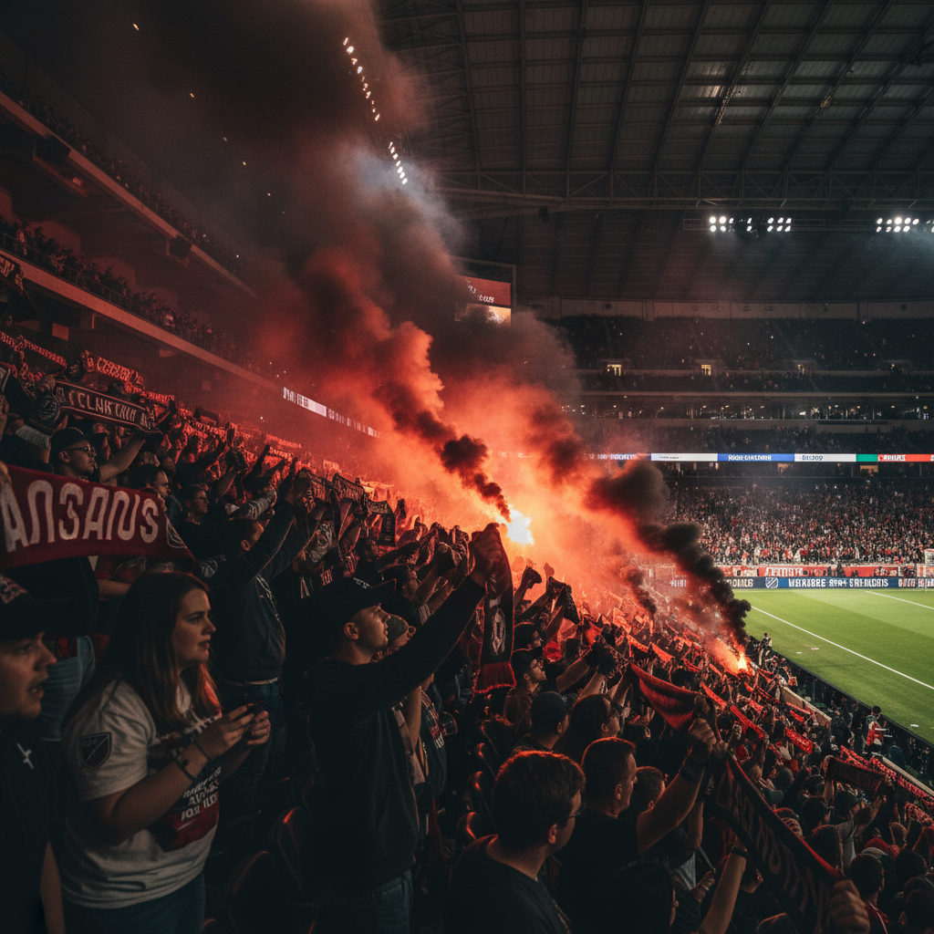 Atlanta United supporters' section at Mercedes-Benz Stadium, flare-lit, red and black scarves overhead, pitch illuminated under the closed roof