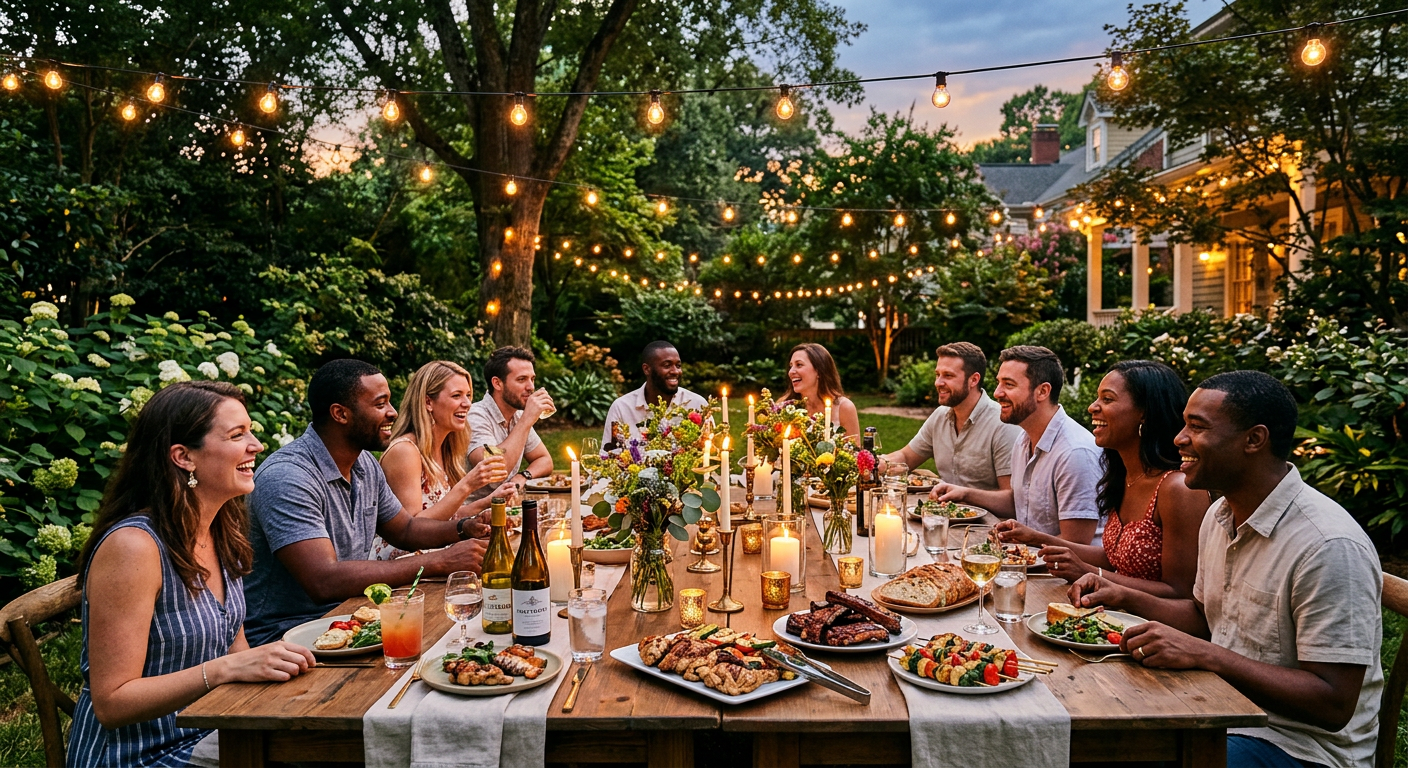 Beautifully set outdoor dining table with string lights at dusk in Atlanta