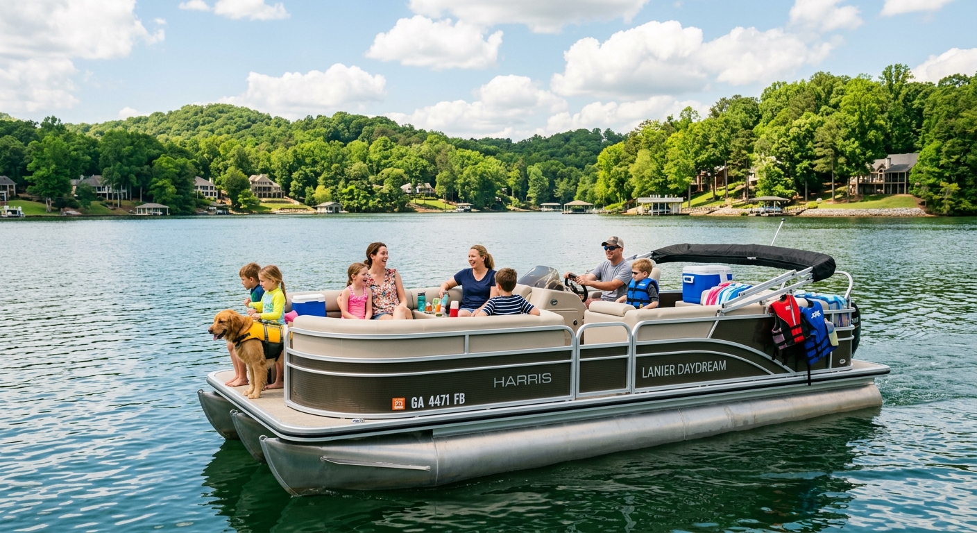 Pontoon boat on Lake Lanier at golden hour with North Georgia mountains in background