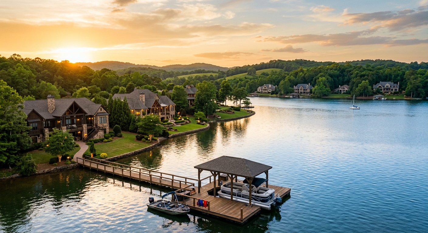 Peaceful morning on Lake Oconee with dock and boats