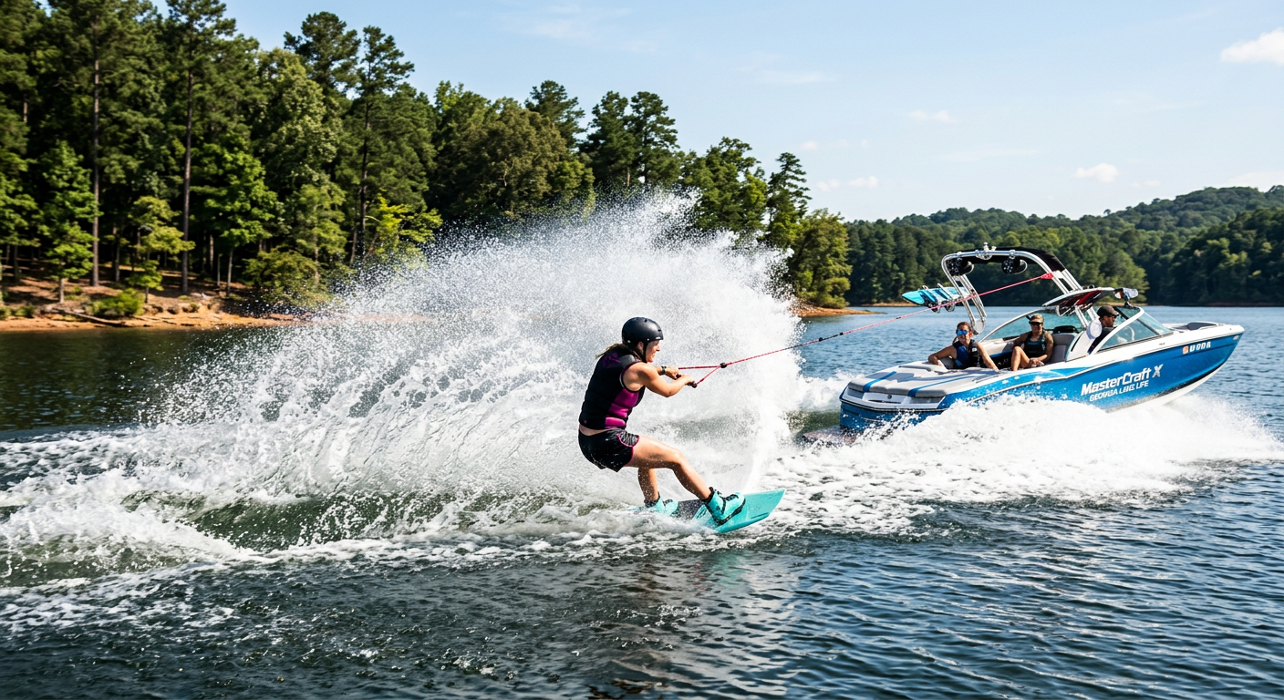 Wake boat pulling a wakeboarder on a Georgia lake