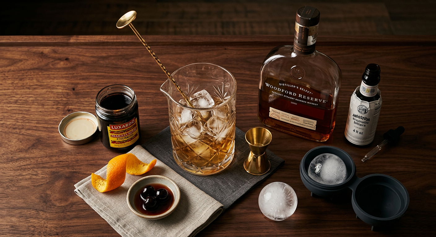 A perfectly crafted Old Fashioned with a large ice cube and orange peel