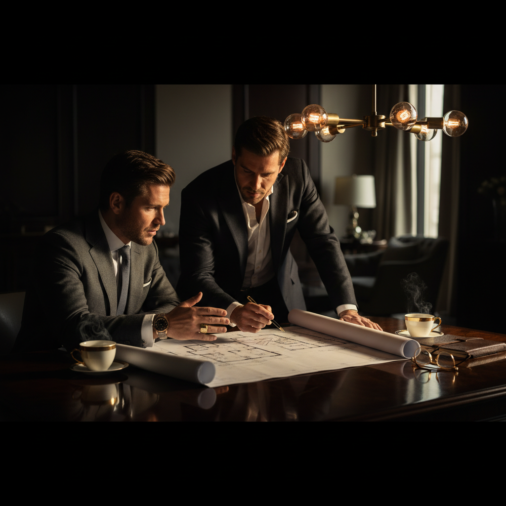 Buyer and agent reviewing floor plan together at a kitchen table, warm morning light, photorealistic and cinematic