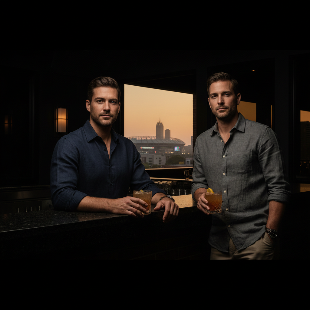 Two men at a rooftop bar in Castleberry Hill, Atlanta, golden-hour light, cold drinks on the rail, stadium visible in the background, linen shirts, relaxed but sharp