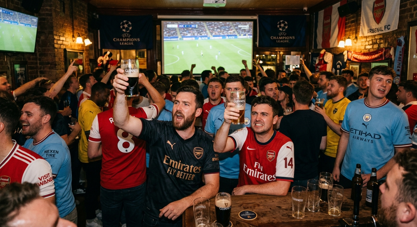 Friends watching soccer at a bar with multiple screens and beer flights