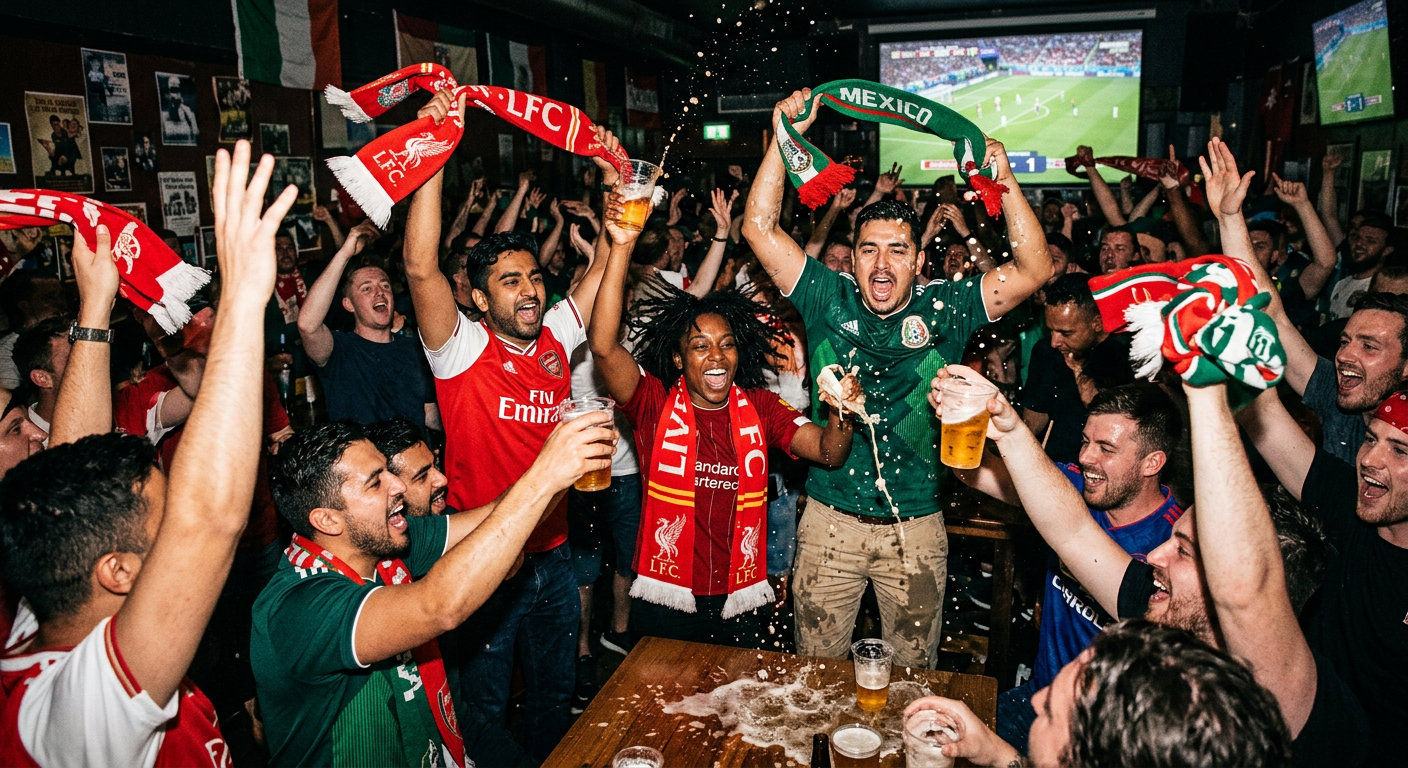 Soccer fans celebrating a goal at an Atlanta pub