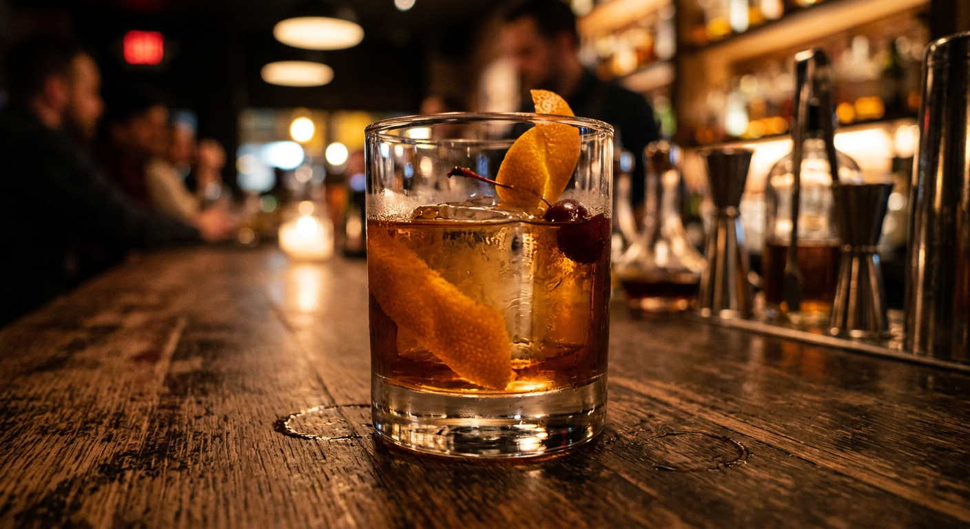 Classic Old Fashioned with perfect ice sphere at Paper Plane bar in Decatur