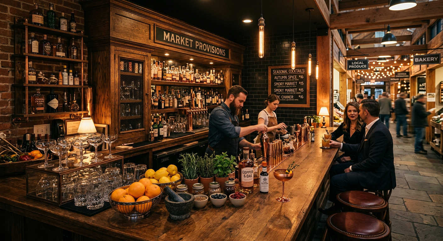 Seasonal cocktail at Ticonderoga Club in Krog Street Market with warm ambient lighting