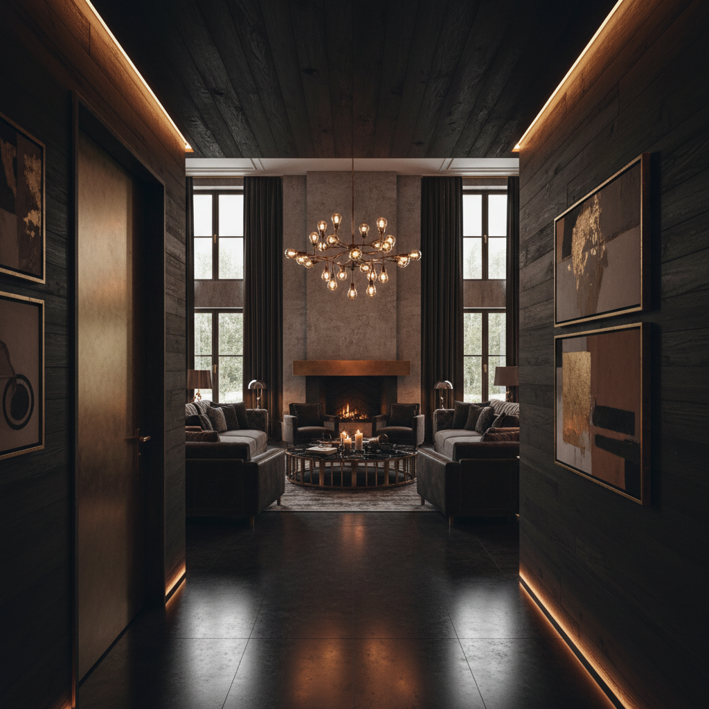 Interior perspective looking from a compressed entry corridor outward toward a long, open living space — demonstrating the compress-release spatial sequence that site-responsive design creates
