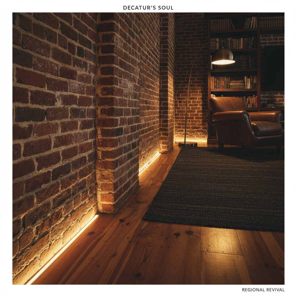 Wide shot of a heart pine floor butting against original brick in a Decatur renovation — regional materials doing the design work