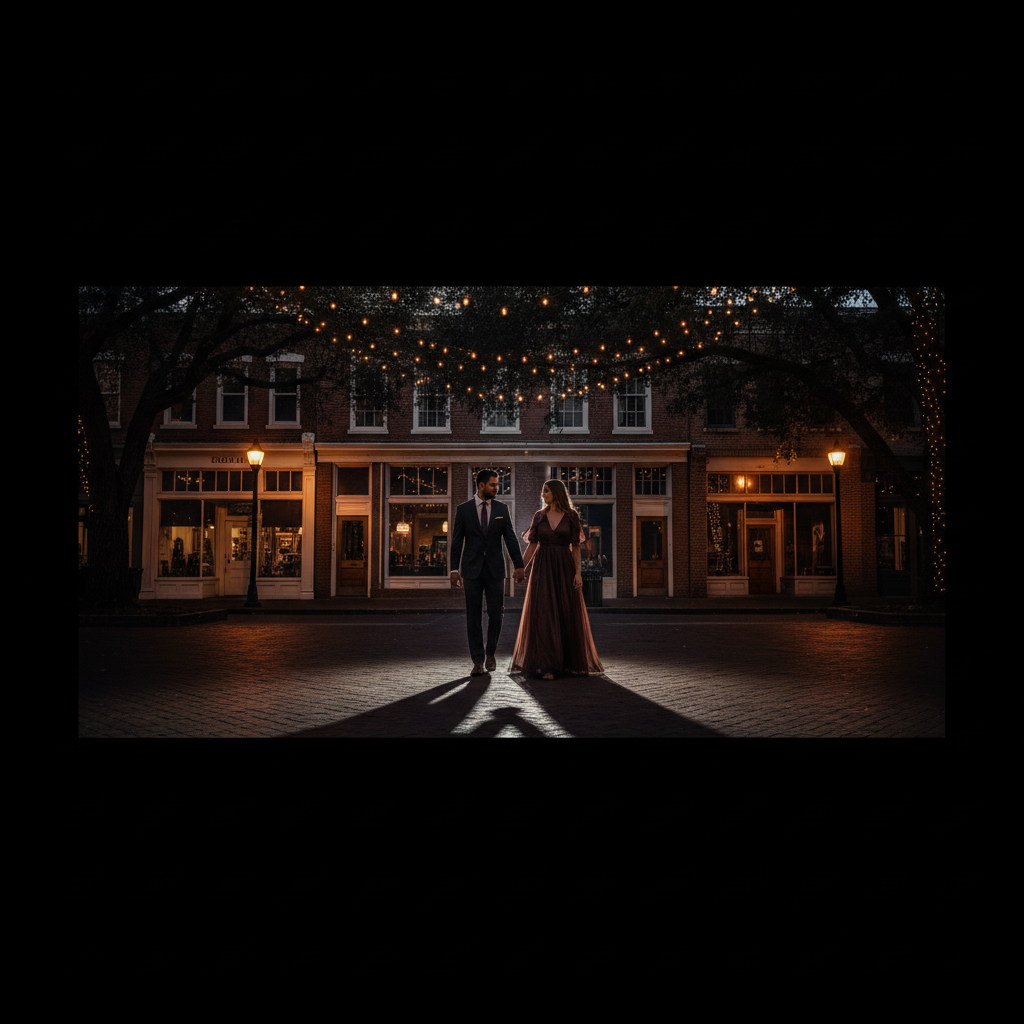 Decatur Square at 8:30 PM in summer — warm streetlight, courthouse lawn with tree-canopy lights, couple walking past brick storefronts