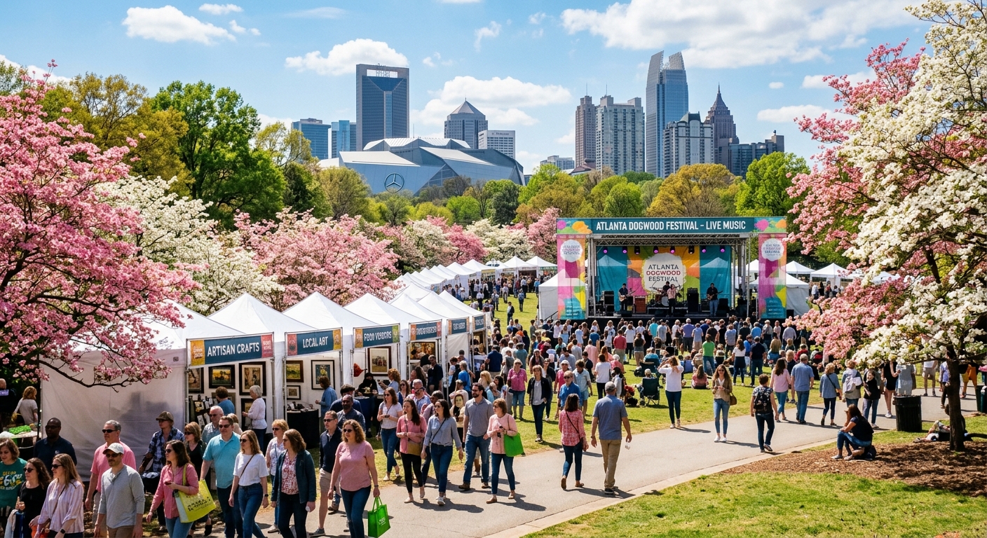 Atlanta Dogwood Festival at Piedmont Park with art displays and spring blooms