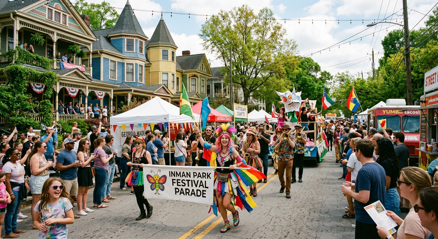 Inman Park Festival street scene with Victorian homes and local vendors
