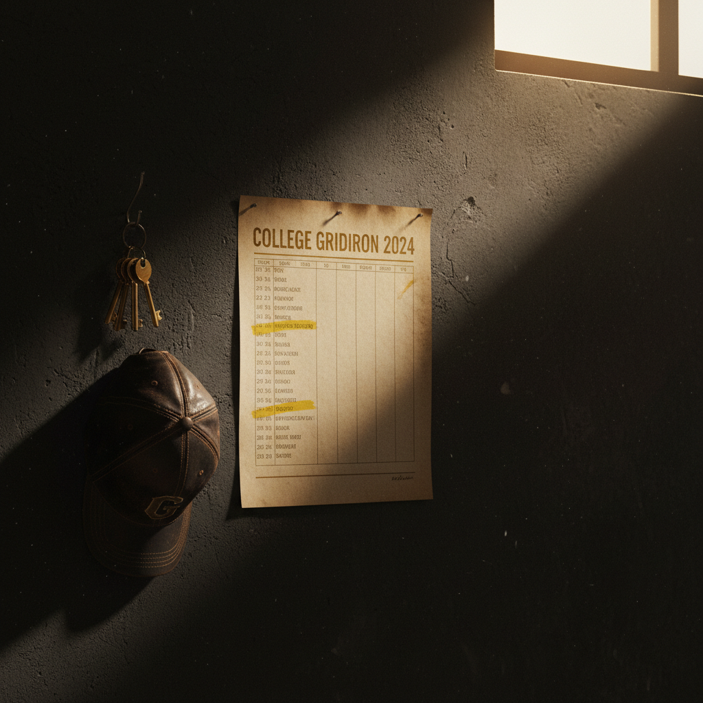 A printed college football schedule tacked to a home garage wall next to keys and a cap, morning light coming in through a garage window
