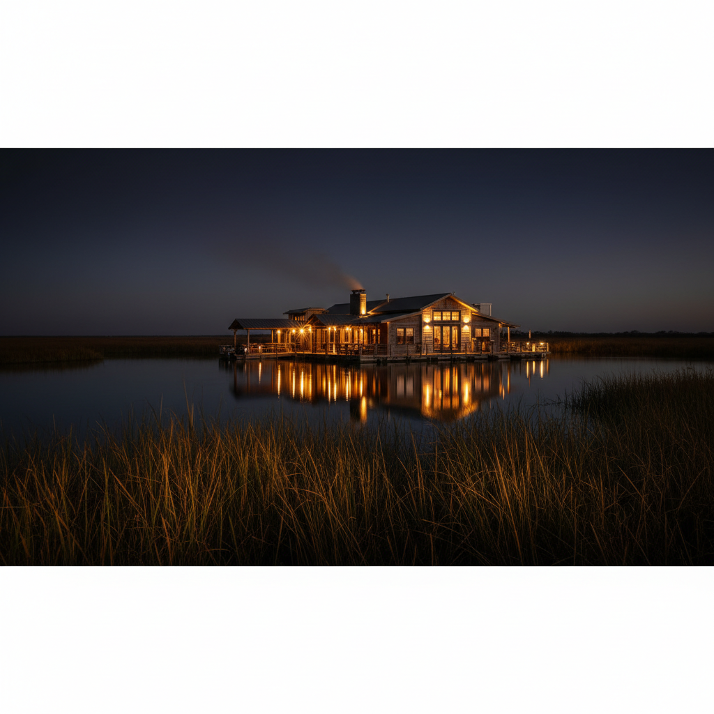 Fowl Play floating duck camp at dusk on southern Louisiana marsh, lights glowing, marsh grass in foreground
