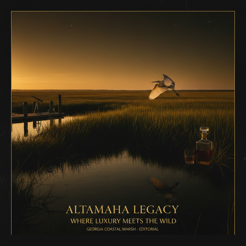 Golden hour on Georgia coastal marsh — Altamaha River delta, tidal grass, egret in flight