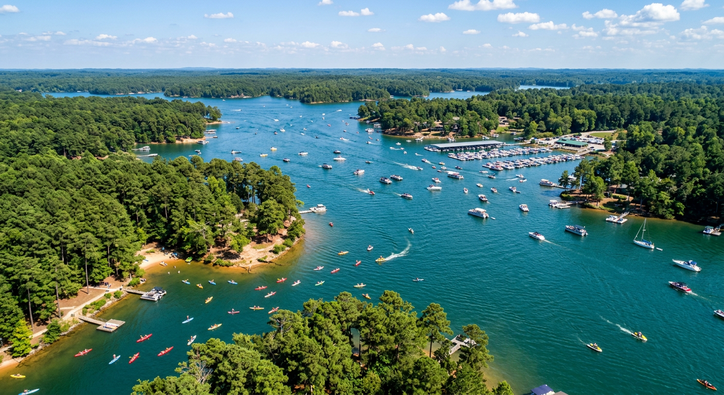 Jet skis and boats on a sparkling Georgia lake with green shoreline