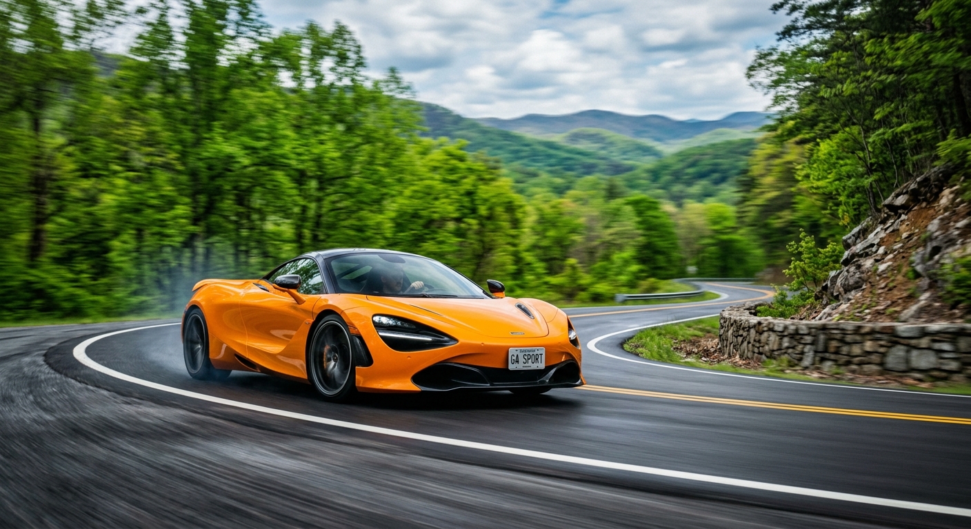 Orange McLaren 720S on a winding Georgia mountain road with fall foliage