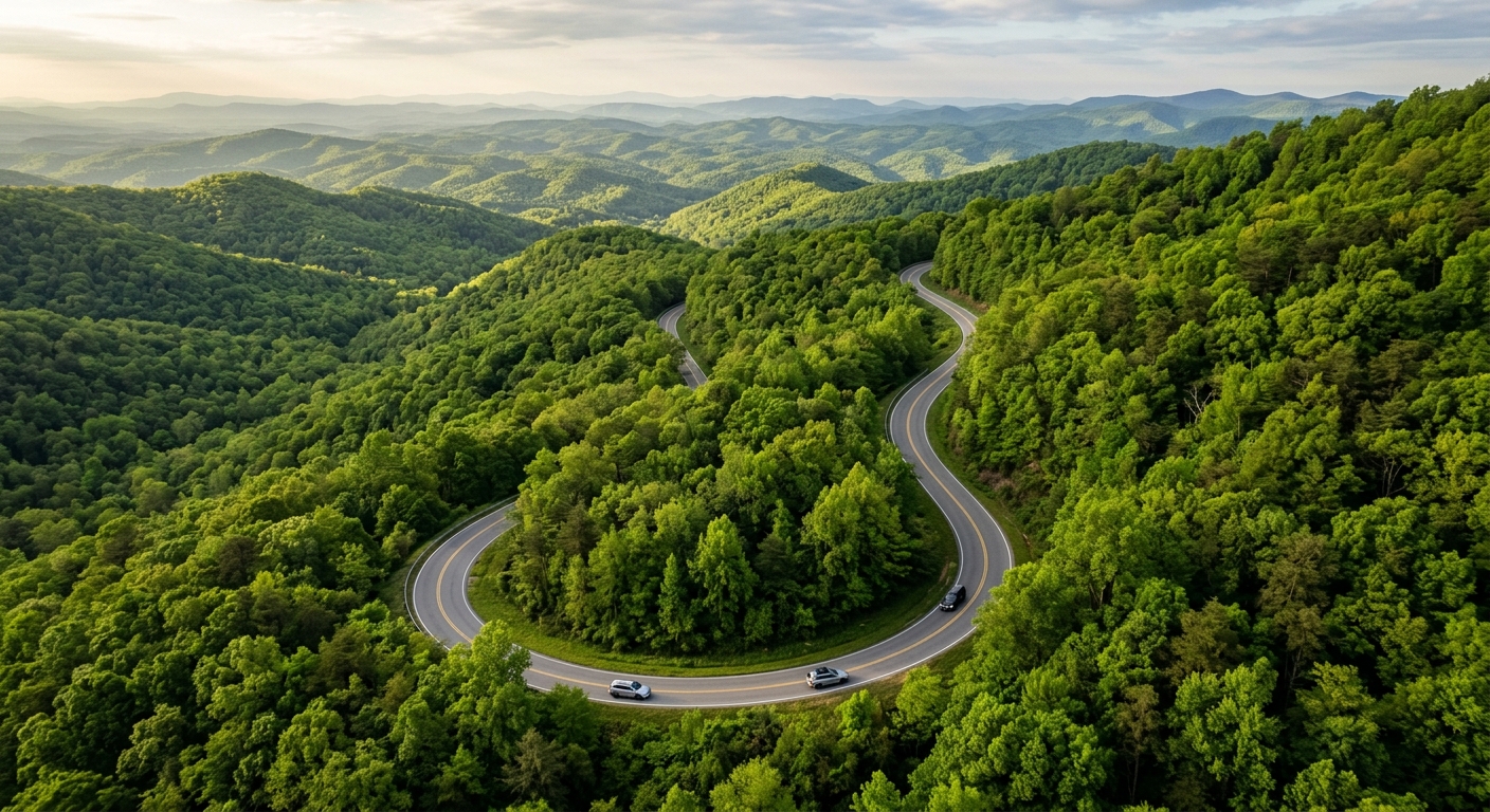 Aerial view of a winding Georgia mountain highway through lush green forest