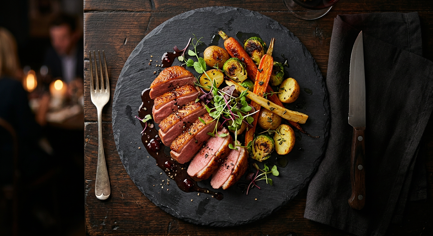 Beautifully plated seared duck breast with seasonal vegetables on dark slate plate