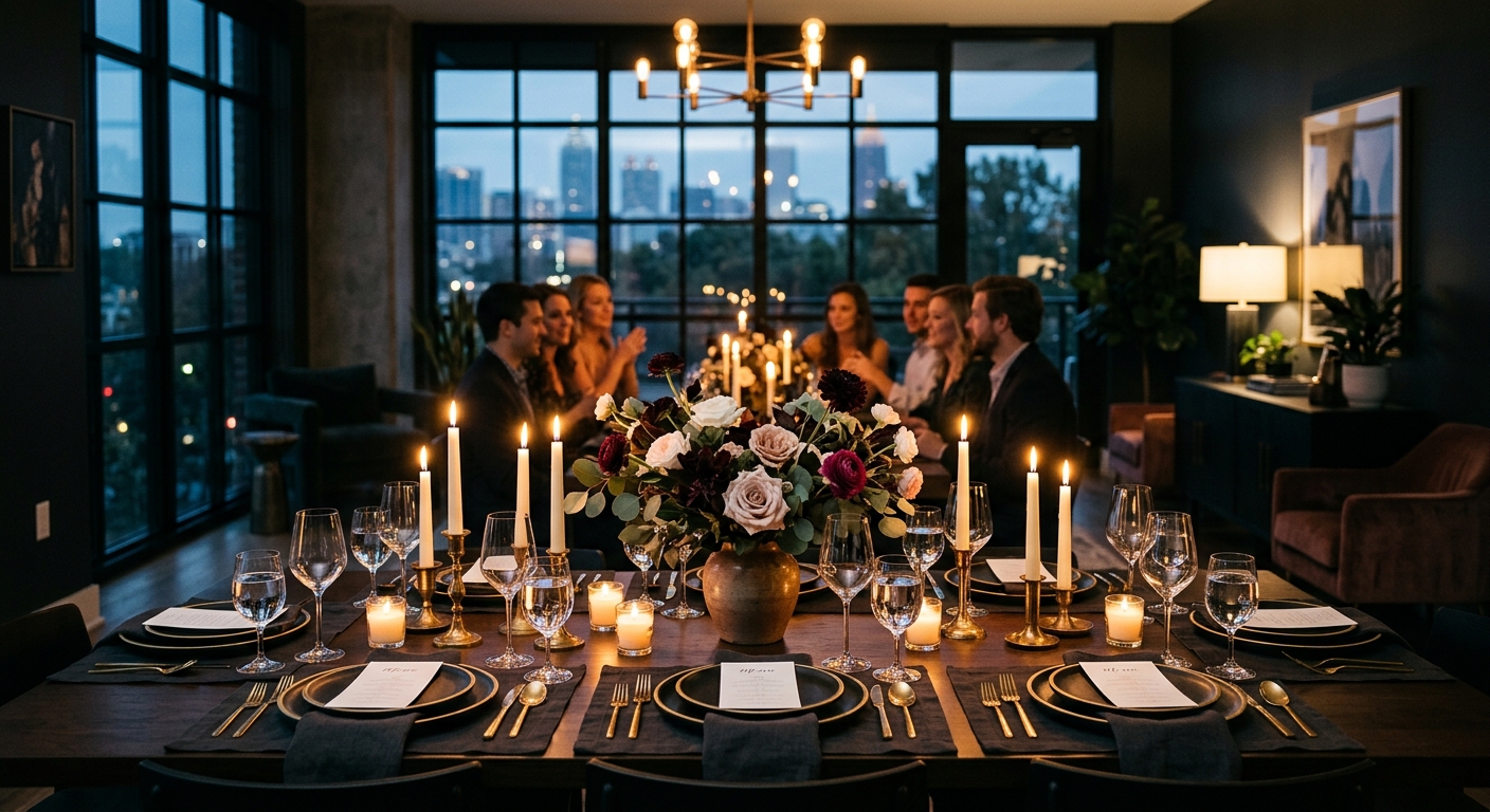 Elegant dinner table set for eight with candlelight and fresh flowers in an Atlanta dining room