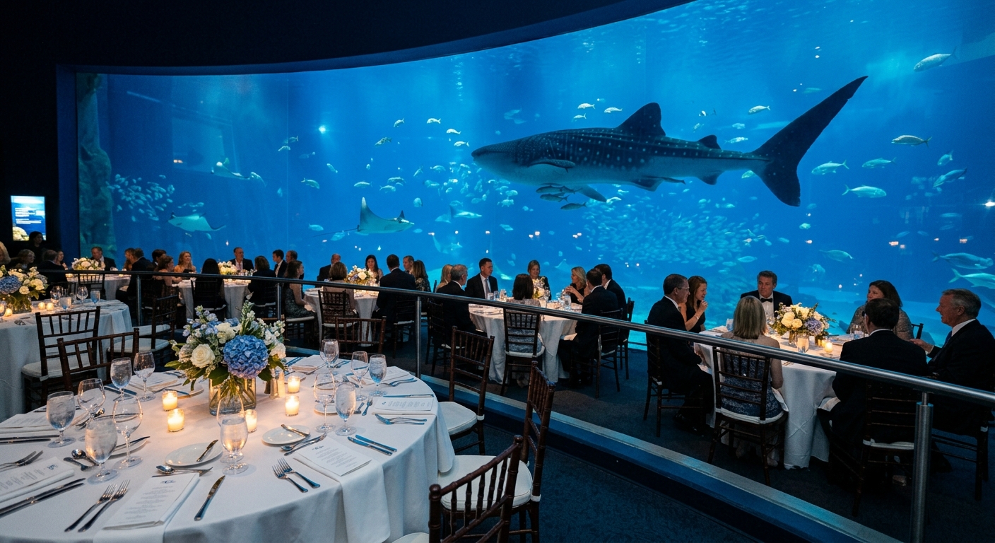 Georgia Aquarium Ocean Voyager exhibit with dramatic blue lighting for a private event