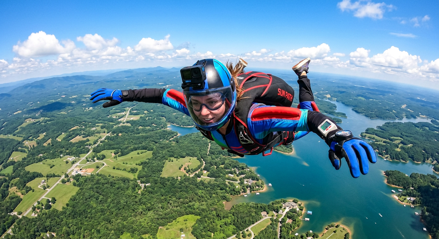 Skydiver in freefall with Georgia countryside and lake visible far below