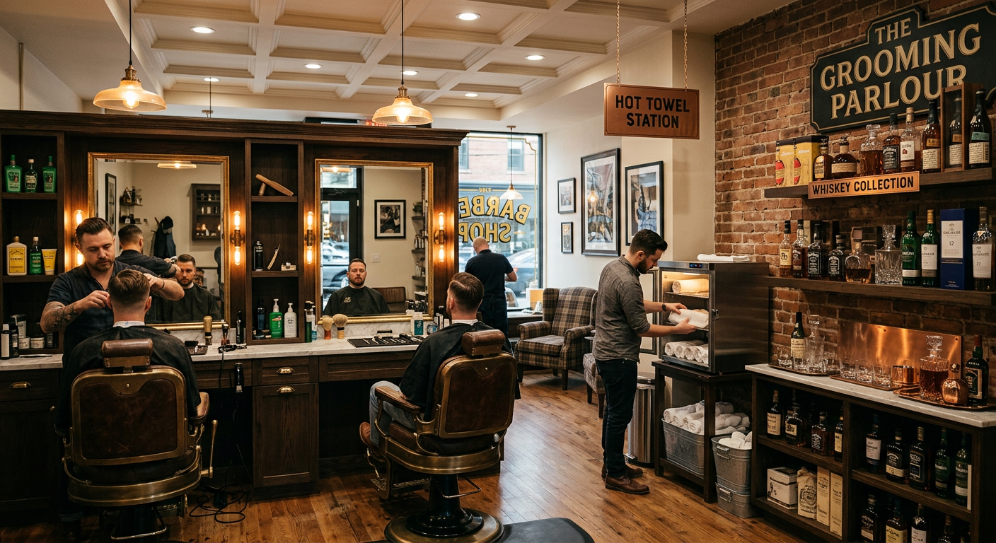 Interior of an upscale Atlanta barbershop with leather chairs and warm lighting